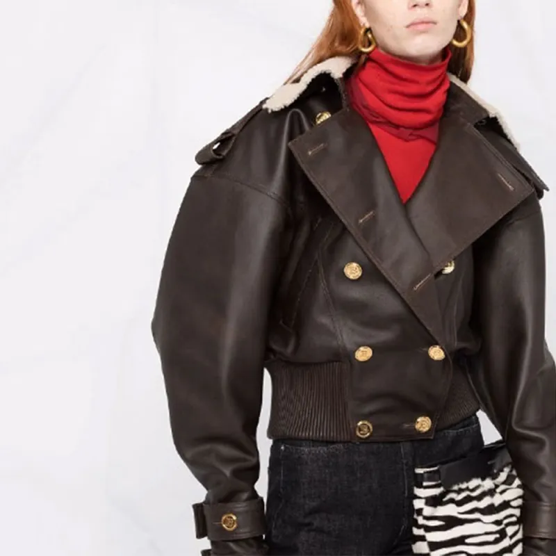 BALMAIN FW21 Leather Jacket Women's Coffee-2