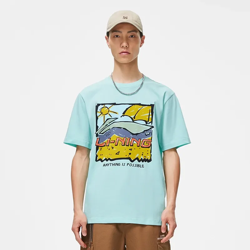 LiNing Drop Shoulder Sleeve T Shirt Unisex Blue-5