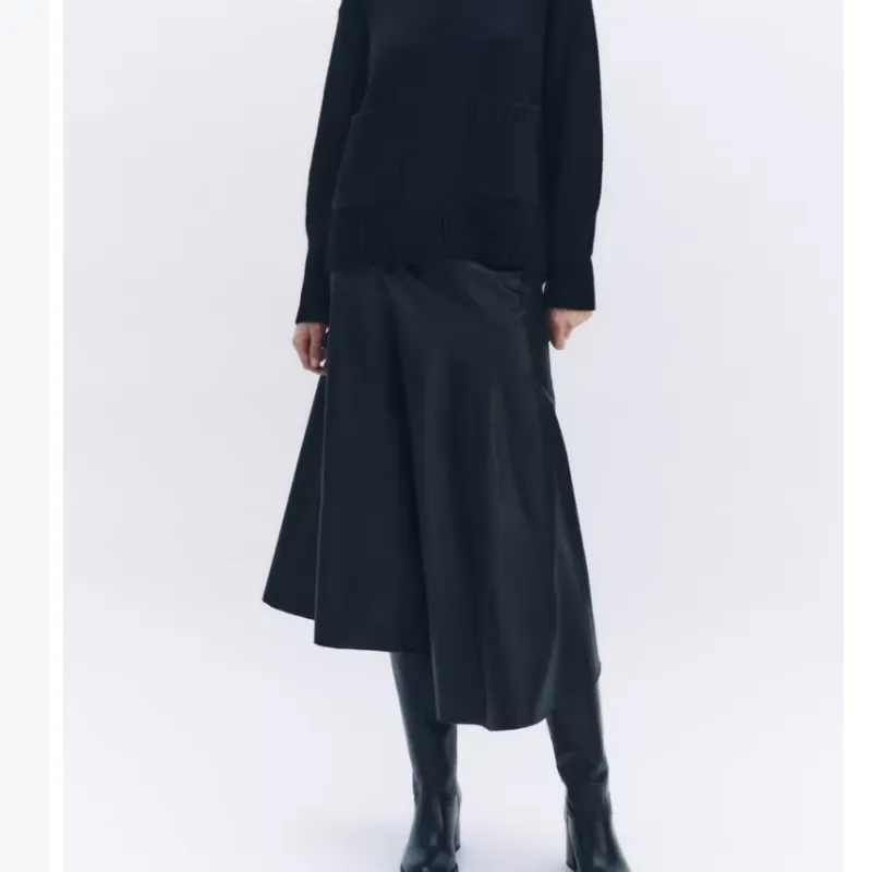 ZARA Leather Long Skirts Women's Black-1