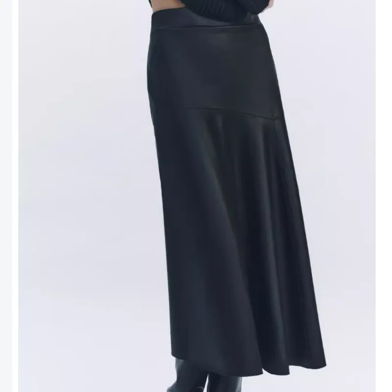 ZARA Leather Long Skirts Women's Black-2