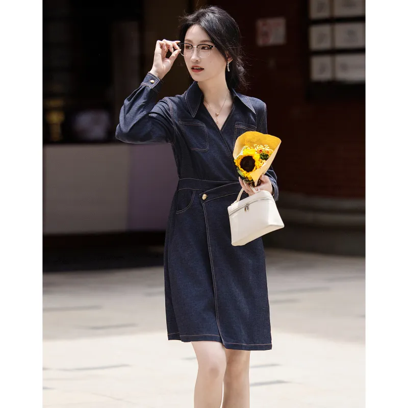 【dme】 Long Sleeved Dresses Women's Dark Denim Blue-3