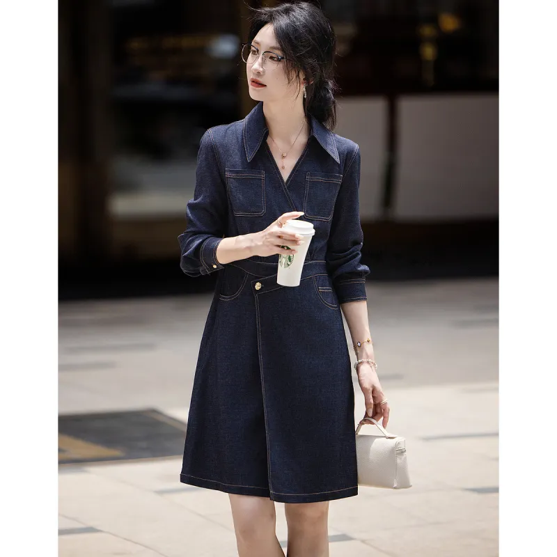【dme】 Long Sleeved Dresses Women's Dark Denim Blue-5