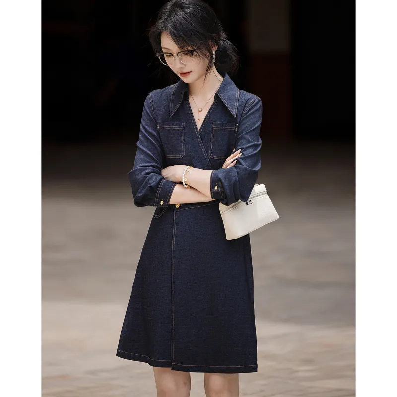 【dme】 Long Sleeved Dresses Women's Dark Denim Blue-4