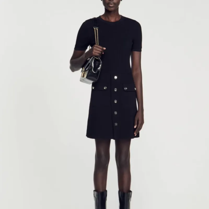 Sandro Ribbed-knit Button-embellished Minidress-2
