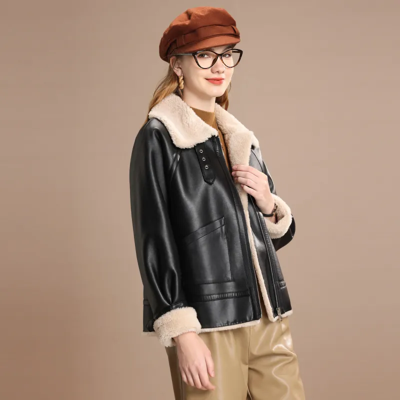 FENHONGMALI Jackets Coats Women's Oatmeal/Black-1
