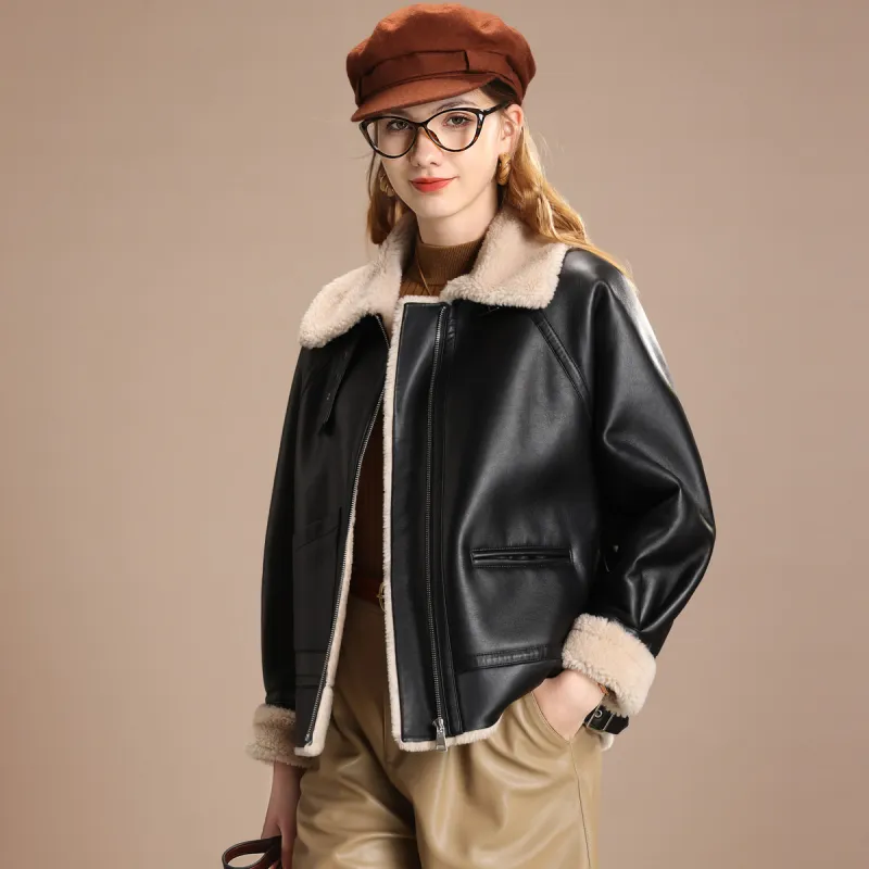 FENHONGMALI Jackets Coats Women's Oatmeal/Black-2