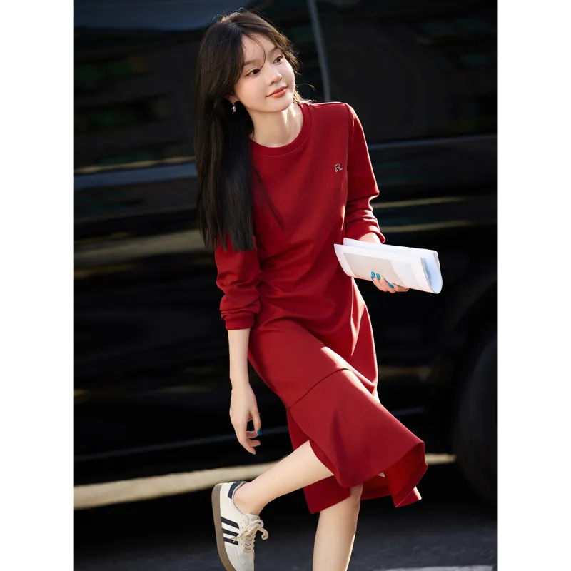 Mo Han Yi Mei Long Sleeved Dress Women's Red-2