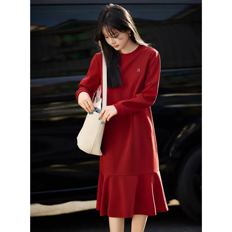 Mo Han Yi Mei Long Sleeved Dress Women's Red-4
