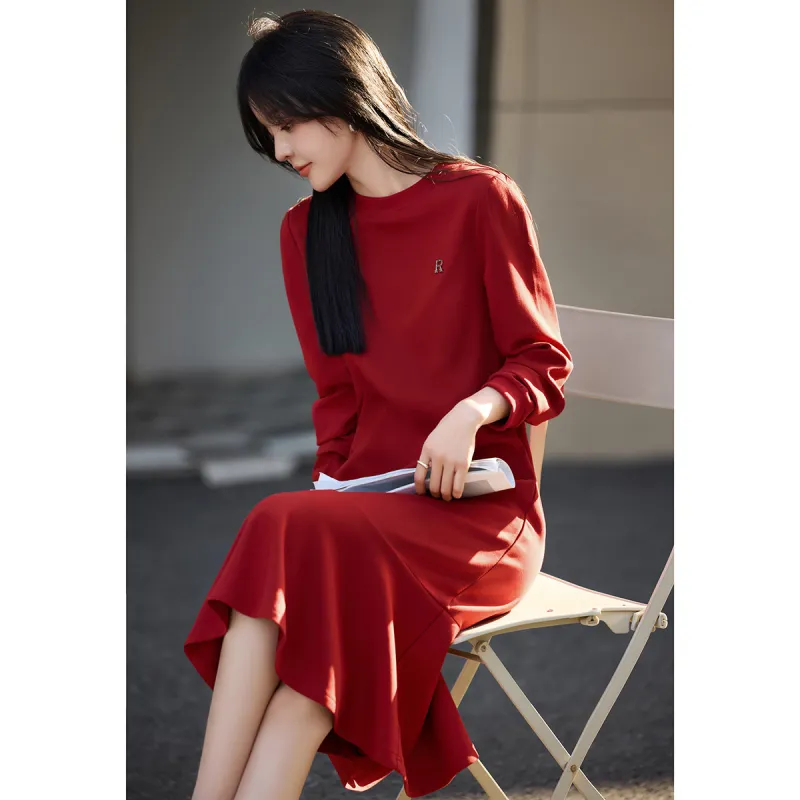 Mo Han Yi Mei Long Sleeved Dress Women's Red-3