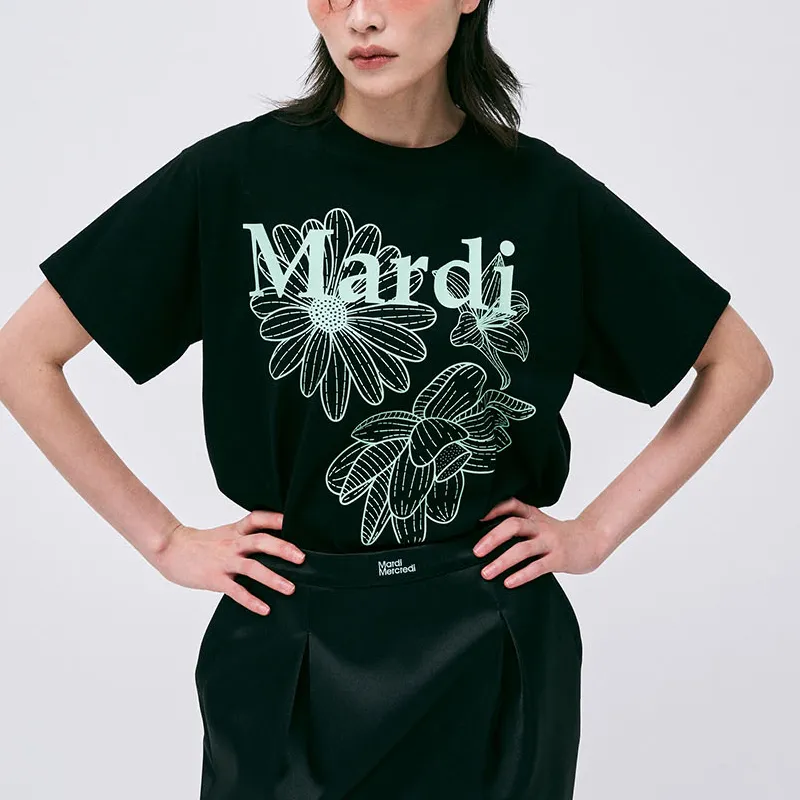 MARDI MERCREDI Three Flowers Collection SS25 T Shirt Women's Black/Mint Korean Style-2