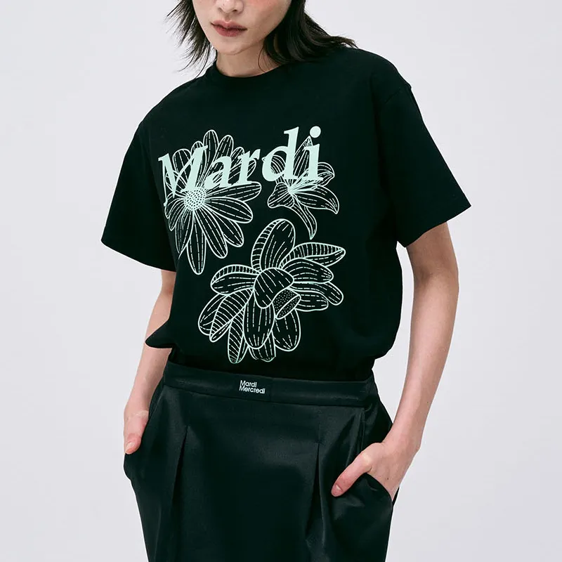 MARDI MERCREDI Three Flowers Collection SS25 T Shirt Women's Black/Mint Korean Style-1