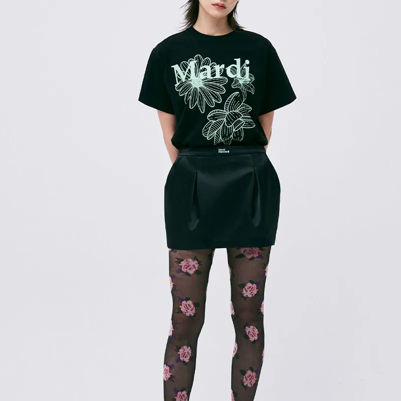 MARDI MERCREDI Three Flowers Collection SS25 T Shirt Women's Black/Mint Korean Style-4