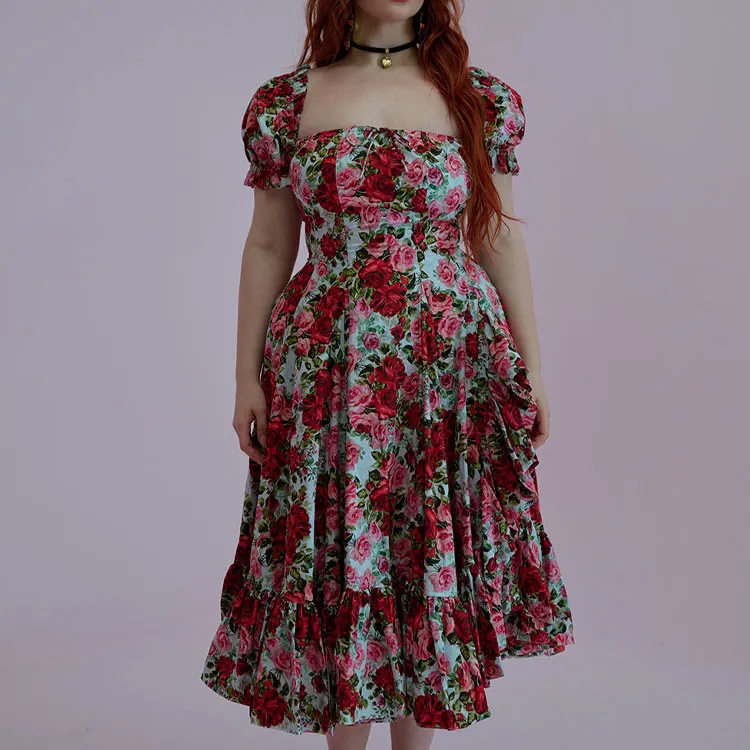 Selkie Collection SS25 Short Sleeved Dresses Women's White Base Rose Print-1