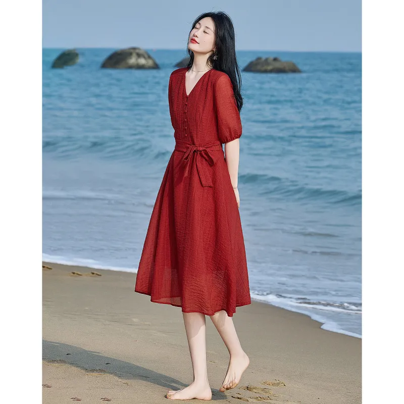 【dme】 Short Sleeved Dress Women's Brick Red-0