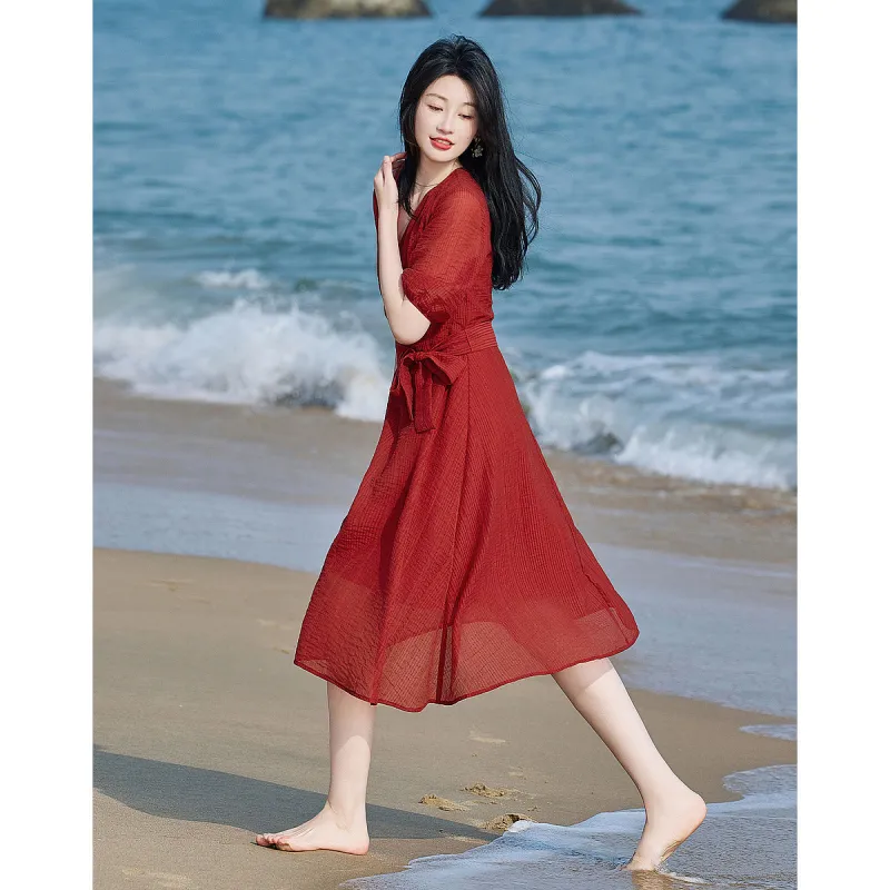 【dme】 Short Sleeved Dress Women's Brick Red-1