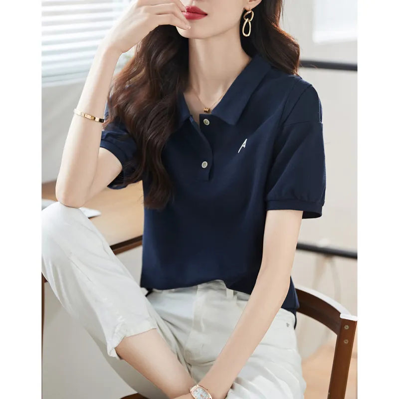 Mo Han Yi Mei Regular T Shirt Women's Navy Blue-3