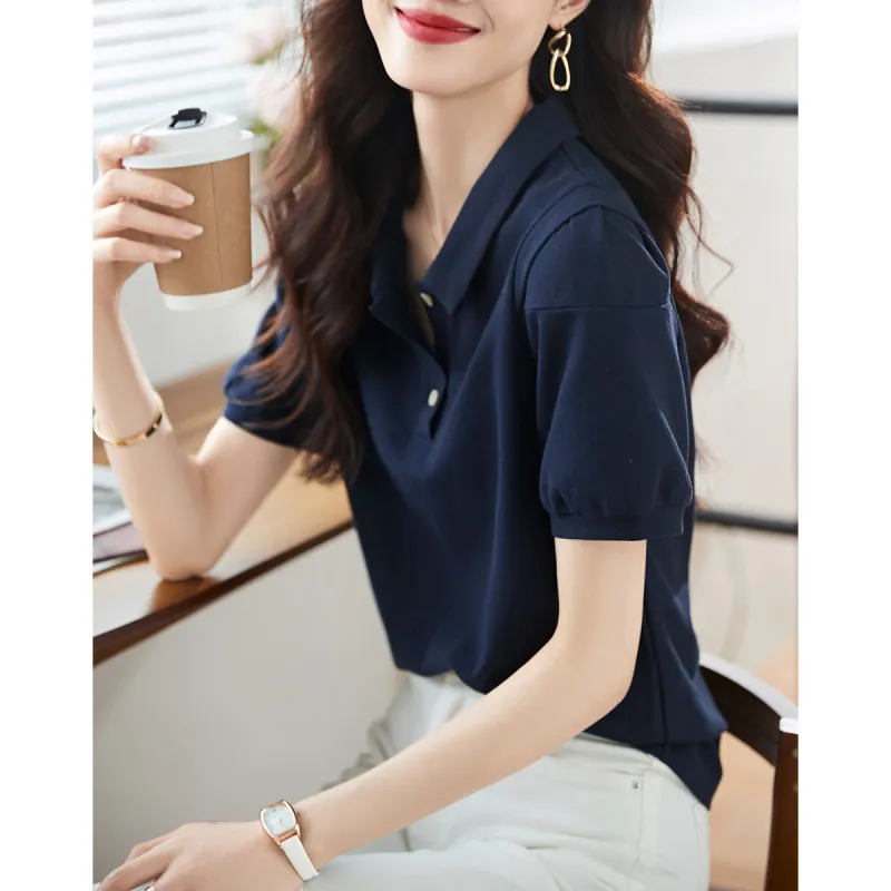 Mo Han Yi Mei Regular T Shirt Women's Navy Blue-4