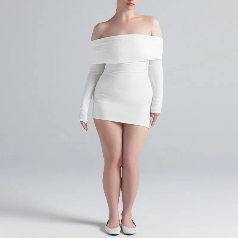 SKIMS SS25 SOFT LOUNGE OFF THE SHOULDER MINI DRESS Long Sleeved Dresses Women's MARBLE/Marble-2
