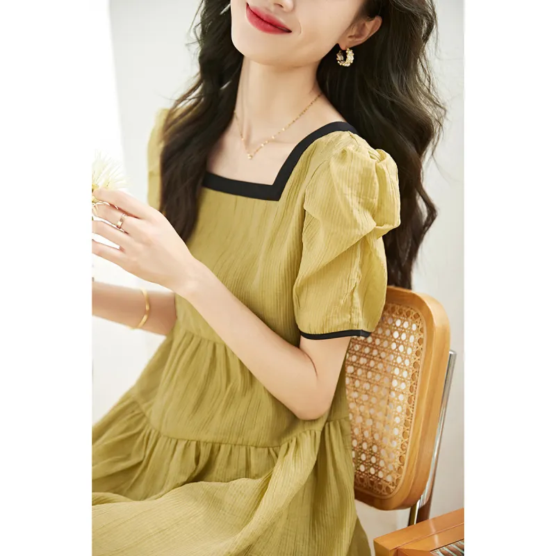 Mo Han Yi Mei Short Sleeved Dress Women's Yellow Green-3