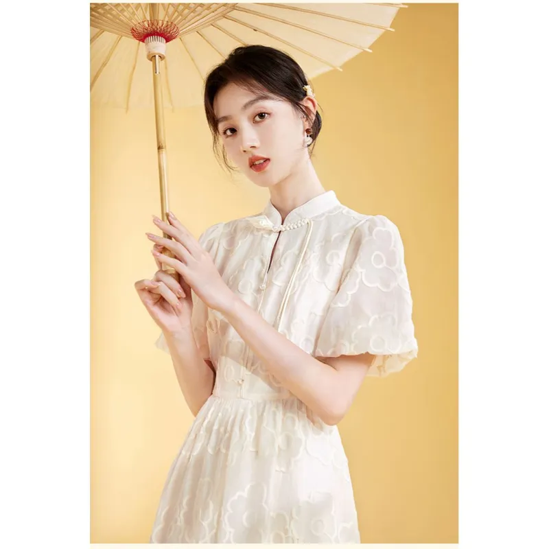 XIANGYING Short Sleeved Dresses Women's Beige-3