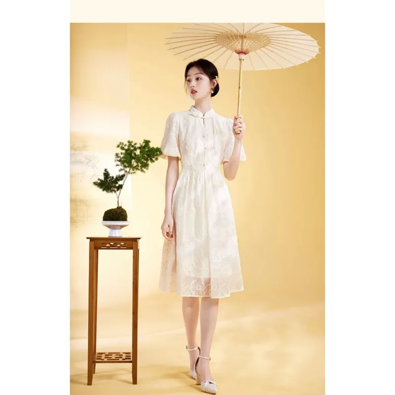 XIANGYING Short Sleeved Dresses Women's Beige-1