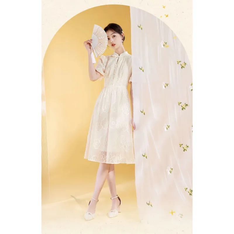 XIANGYING Short Sleeved Dresses Women's Beige-2