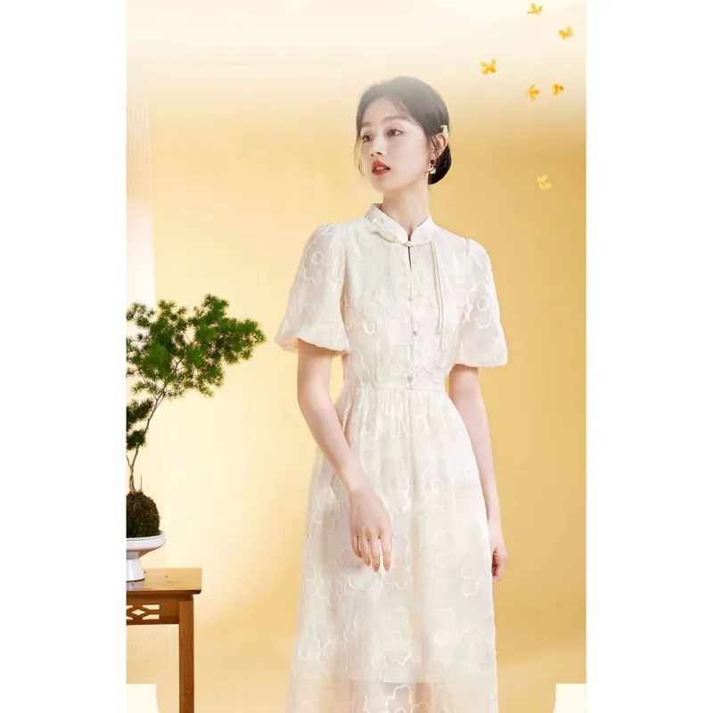 XIANGYING Short Sleeved Dresses Women's Beige-4