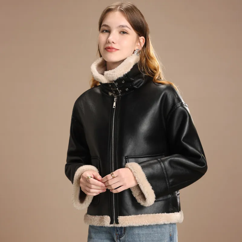 FENHONGMALI Jackets Coats Women's Tea Brown/Black-2
