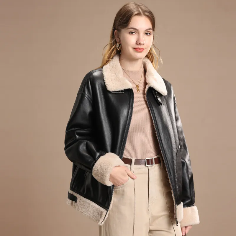 FENHONGMALI Jackets Coats Women's Oatmeal/Black-3