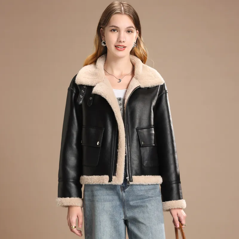 FENHONGMALI Jackets Coats Women's Tea Brown/Black-3