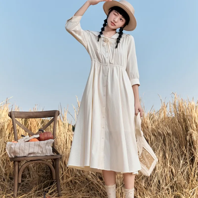ZIHAN Long Sleeved Dress Women's Beige With Stripes-4