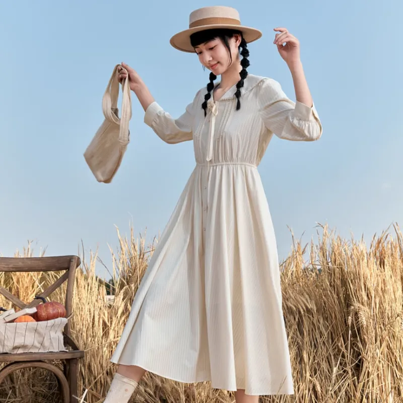ZIHAN Long Sleeved Dress Women's Beige With Stripes-3