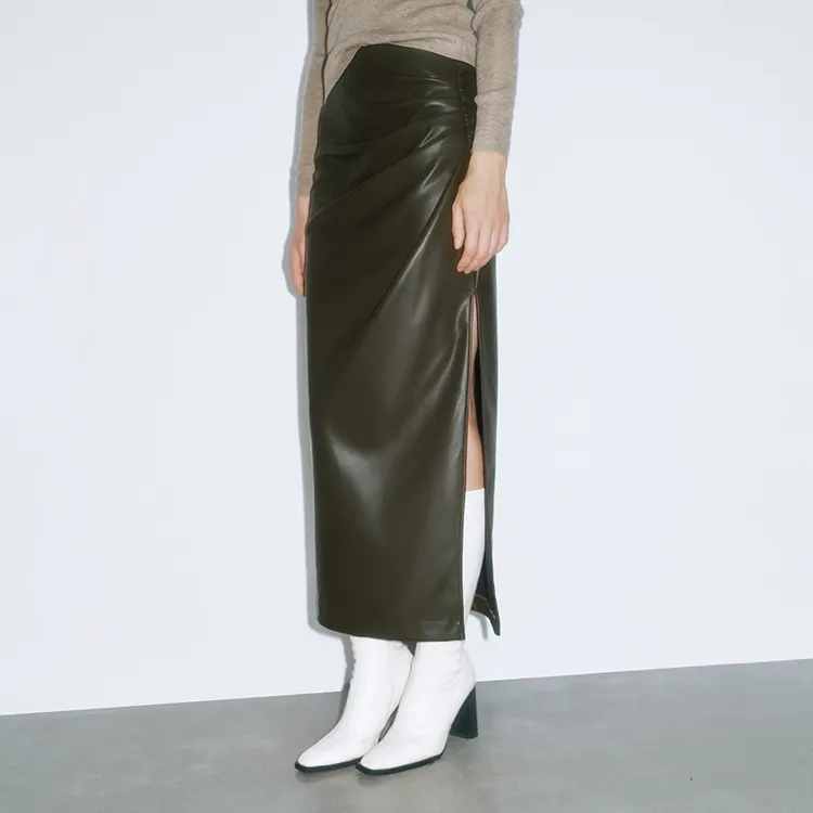 URBAN REVIVO Casual Long Skirt Women's Dark Green-2