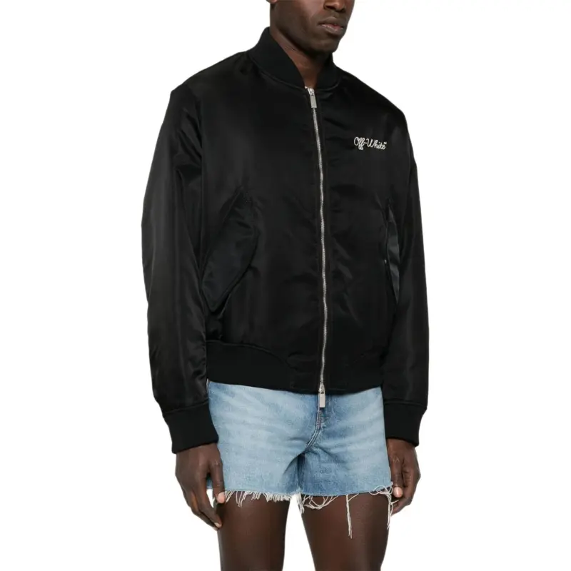 OFF WHITE Script Varsity Zip Up Bomber Jacket-3