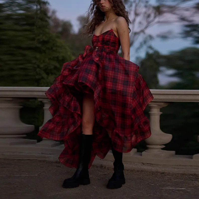 Selkie Collection FW24 Casual Long Skirt Women's ROYAL TARTAN Red With Classic Plaid Print-1