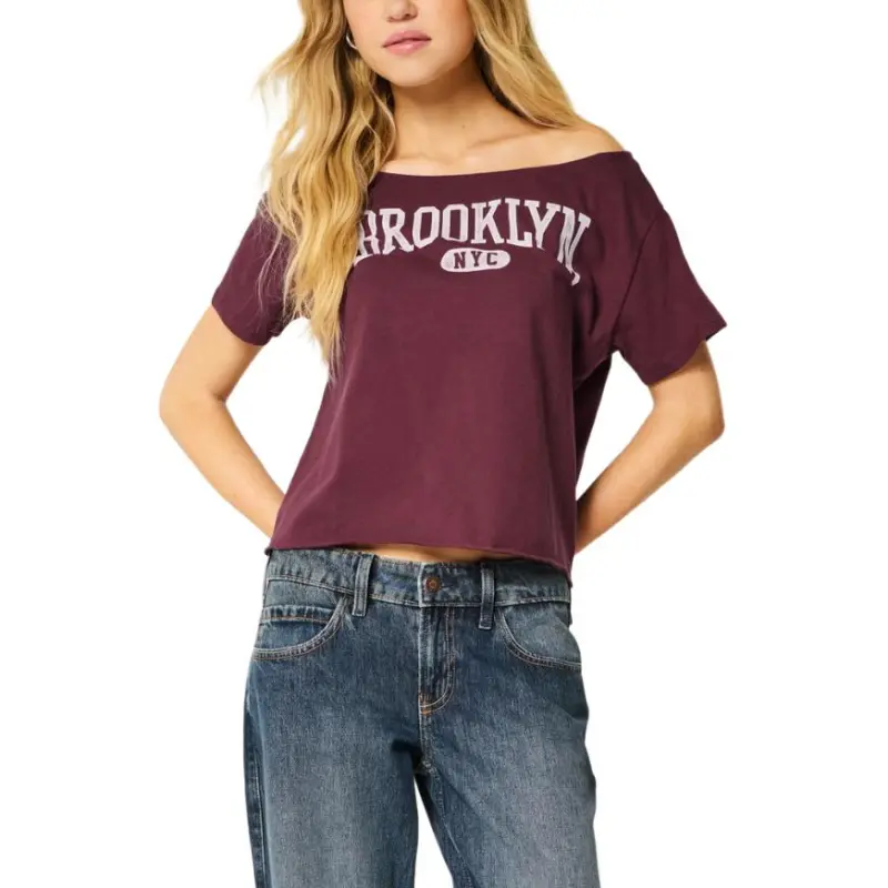 Hollister Drop Shoulder Sleeve T-Shirt Women's Burgundy-2