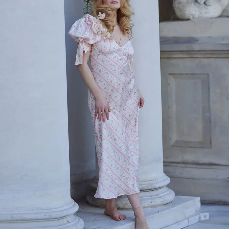 Selkie Collection SS25 Short Sleeved Dresses Women's White Base Small Rose Vertical Stripes Print-2
