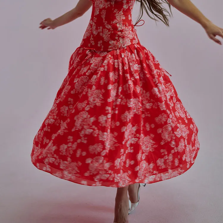 Selkie Collection SS25 Casual Long Skirts Women's Red Background With Rose Print-3