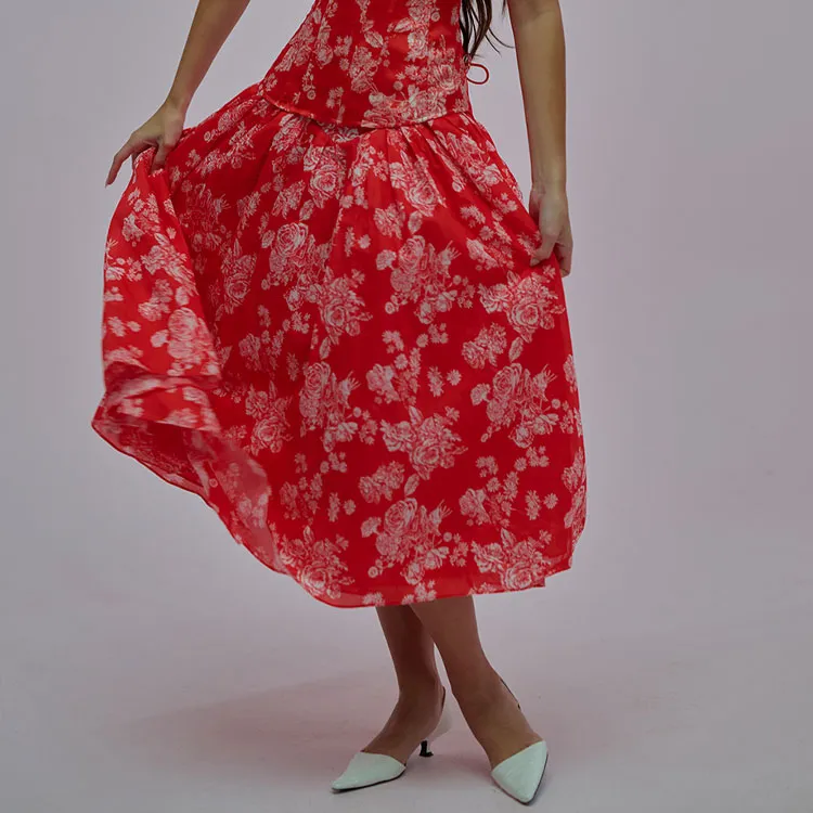 Selkie Collection SS25 Casual Long Skirts Women's Red Background With Rose Print-1