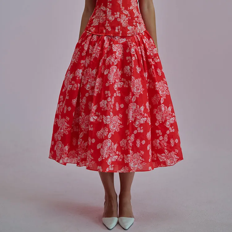 Selkie Collection SS25 Casual Long Skirts Women's Red Background With Rose Print-2