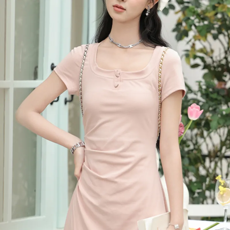 Alxnan Short Sleeved Dress Women's Pink-3