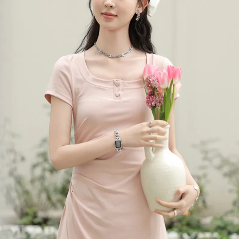 Alxnan Short Sleeved Dress Women's Pink-1