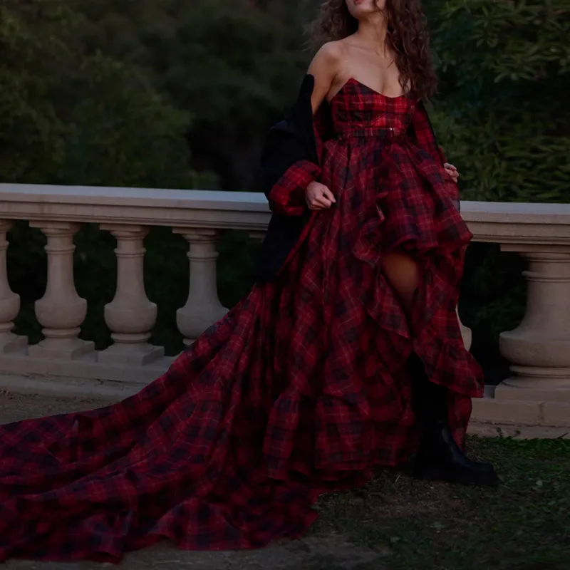 Selkie Collection FW24 Casual Long Skirt Women's ROYAL TARTAN Red With Classic Plaid Print-2