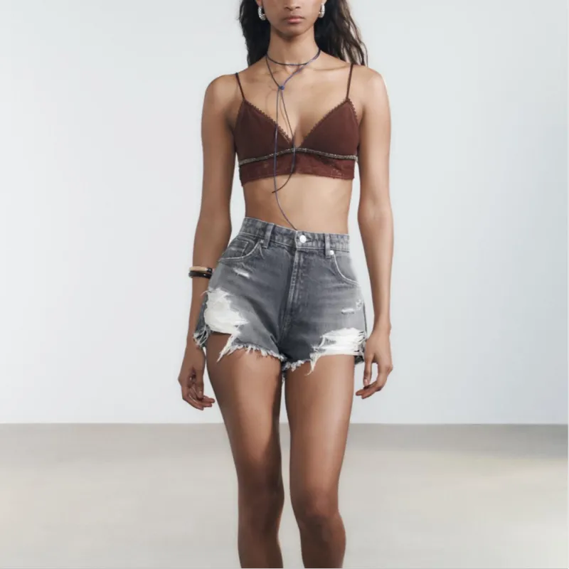 ZARA Trf Denim Shorts Women's Light Gray-4