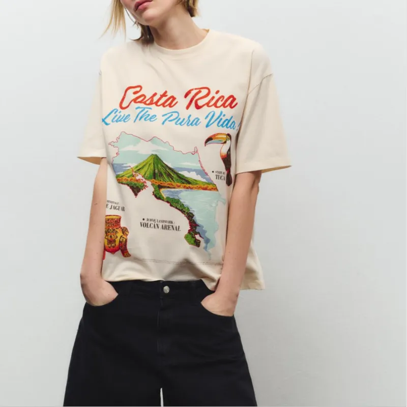ZARA Drop Shoulder Sleeve T Shirt Women's Beige-2