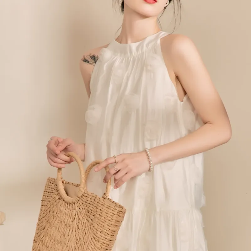 QIAOYUHUAZUN Sleeveless Dress Women's Ecru-3