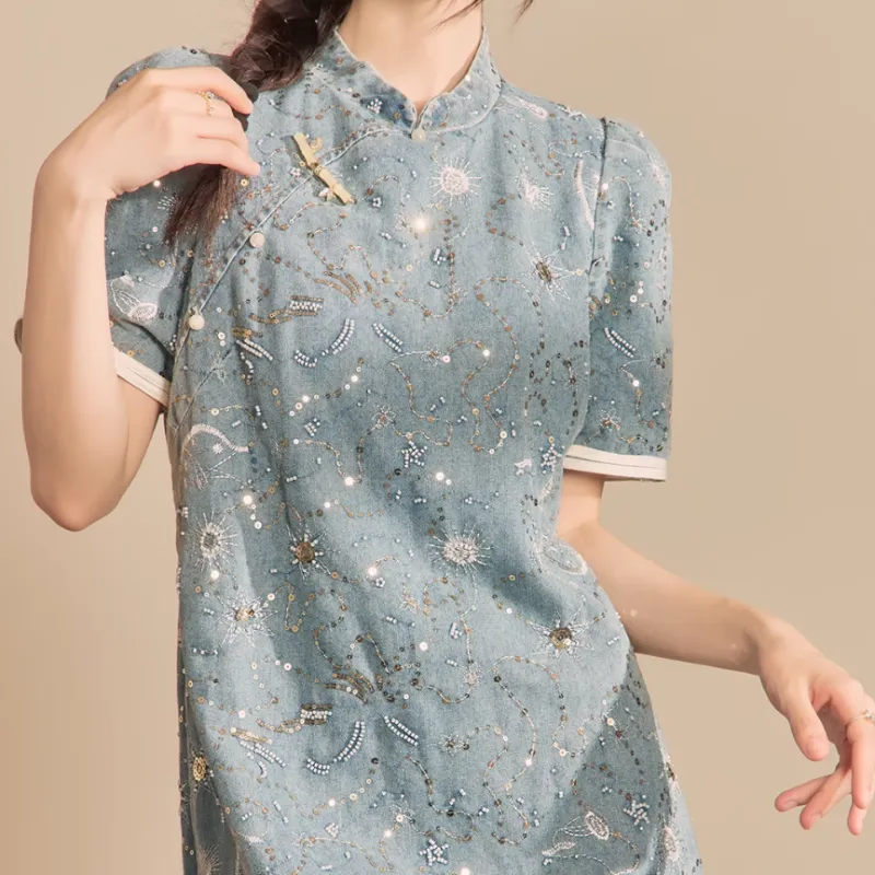 QIAOYUHUAZUN Short Sleeved Dresses Women's Blue-3