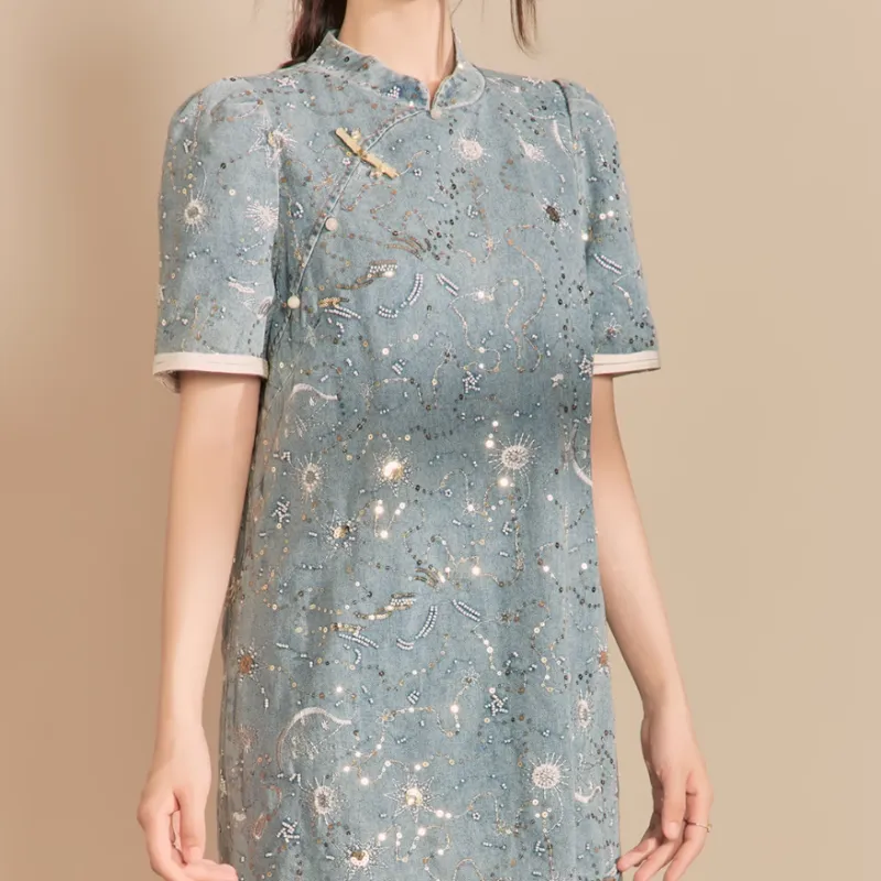 QIAOYUHUAZUN Short Sleeved Dresses Women's Blue-0