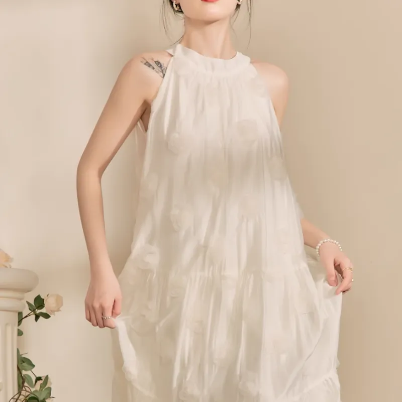 QIAOYUHUAZUN Sleeveless Dress Women's Ecru-4