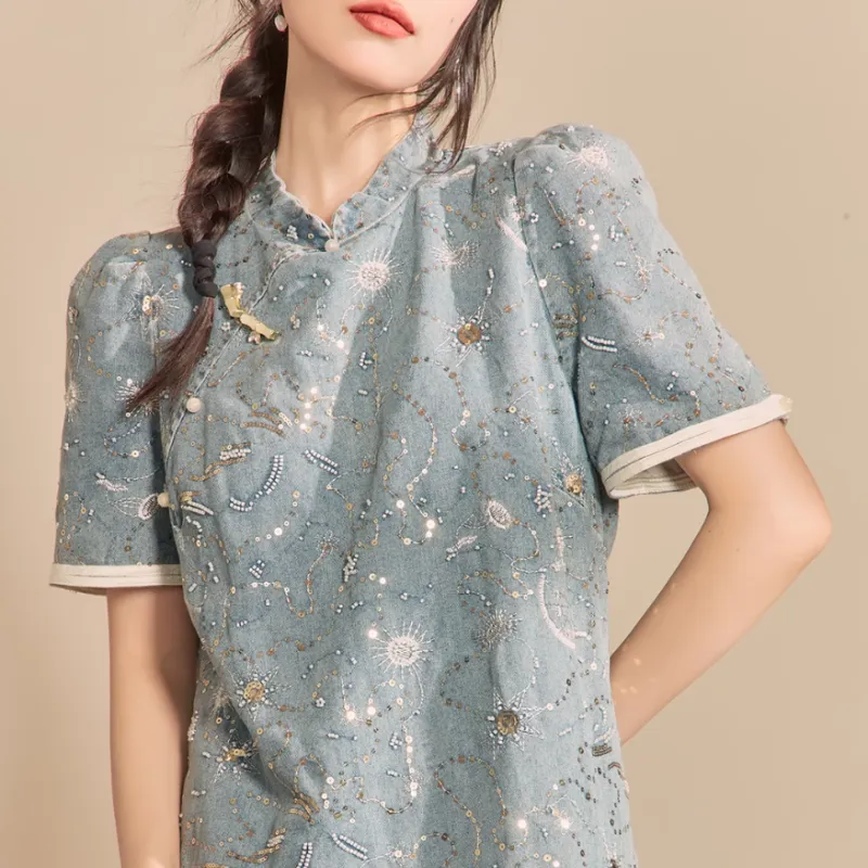QIAOYUHUAZUN Short Sleeved Dresses Women's Blue-2